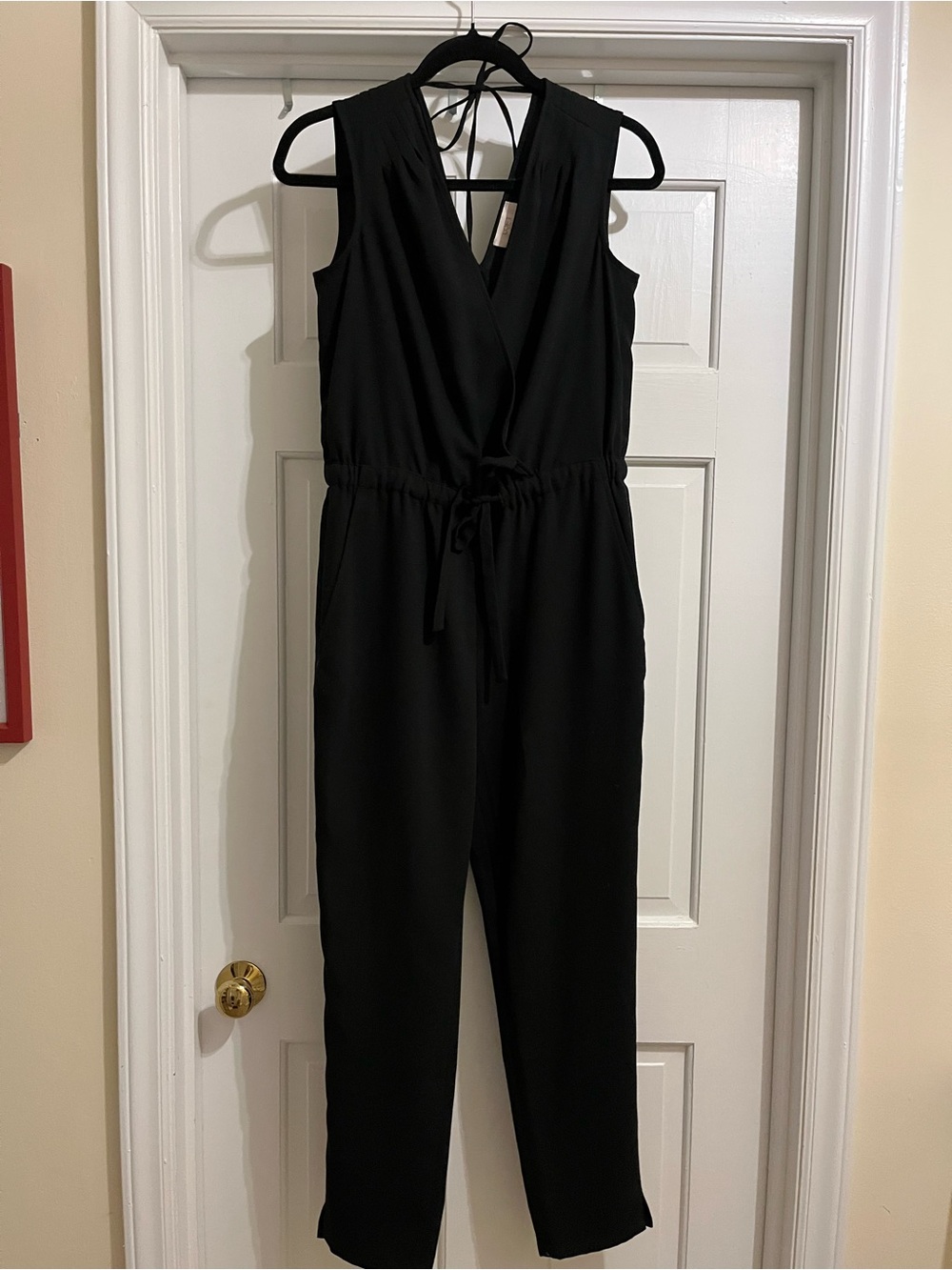 LOFT Black Sleeveless V-Neck Tie-Waist Jumpsuit